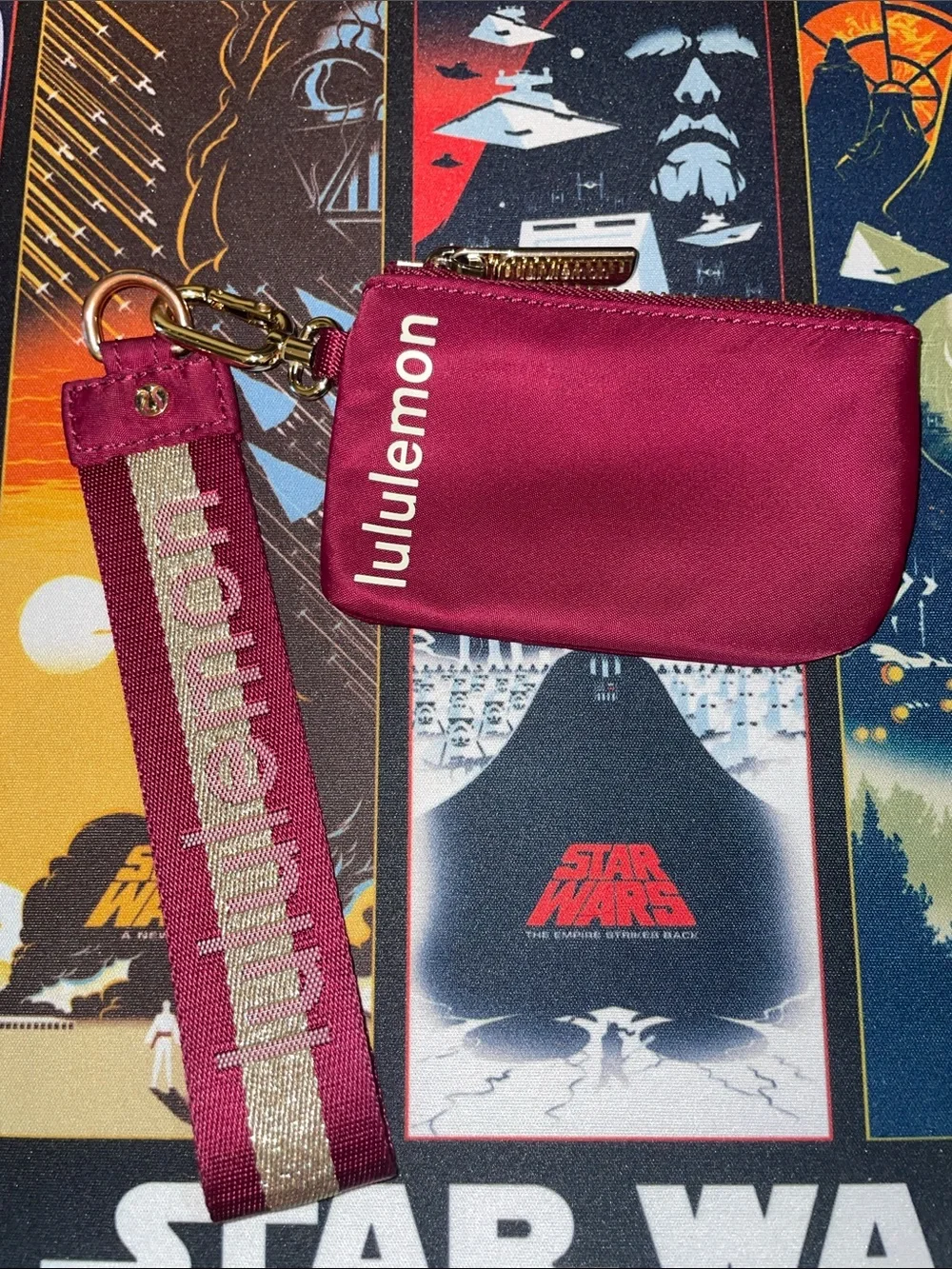 lululemon athletica wristlet key pouch in deep magenta and metallic stripe